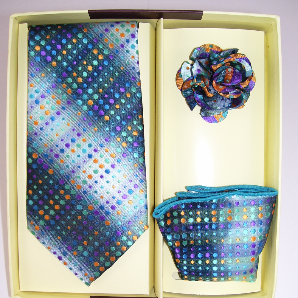 Blue Polkadot Necktie Handkerchief Boutonniere Set
